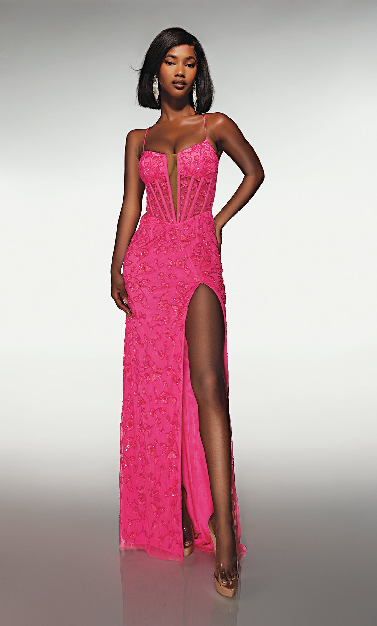 ALYCE Paris 62139 Alyce Long Plunging Neckline Illusion Straight Dress