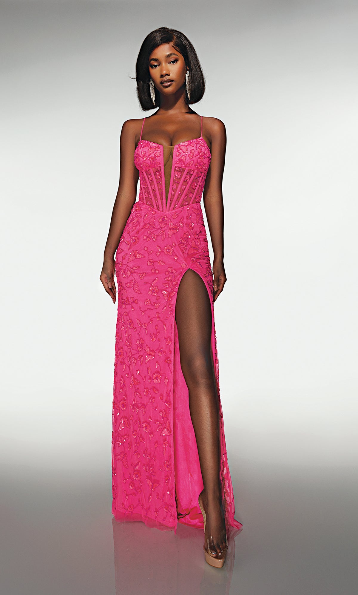 ALYCE Paris 62139 Alyce Long Plunging Neckline Illusion Straight Dress