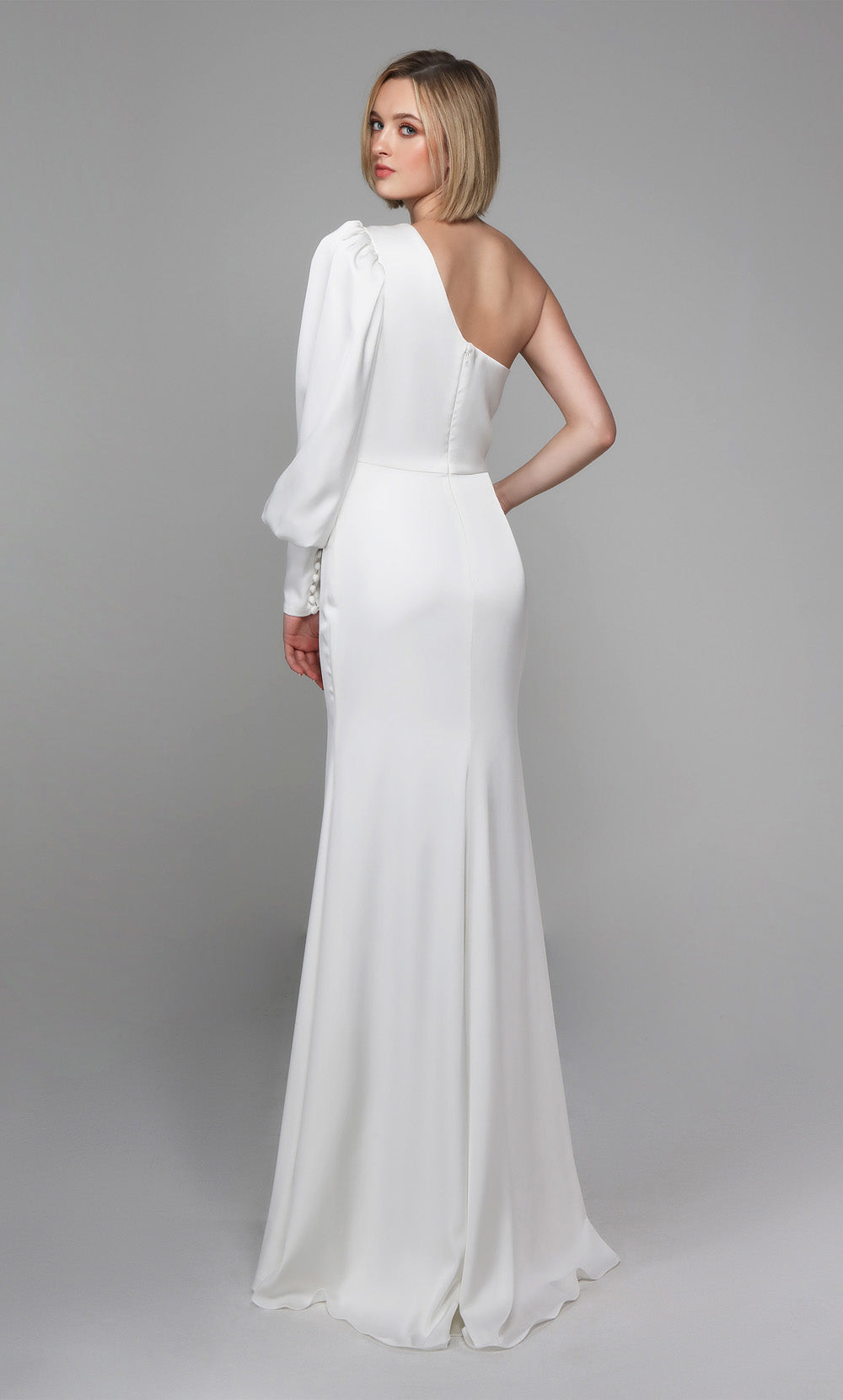 ALYCE Paris 7065 Bridal One Shoulder Neckline Buttons Straight Dress