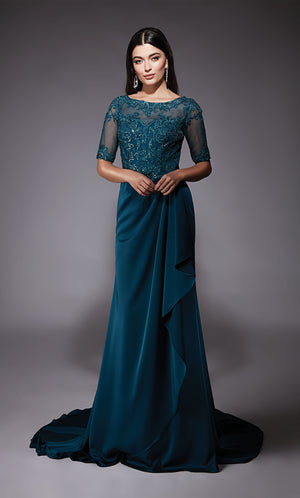 Formal Dress: 27477. Long Crepe Dress, Illusion Neckline, Straight