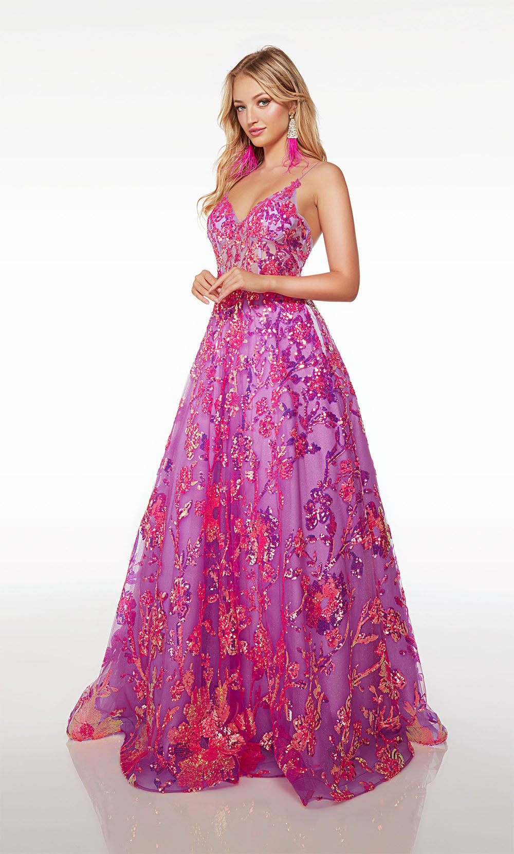 ALYCE Paris 61516 Alyce Long V-neckline Sequined Flowers Througho  Dress