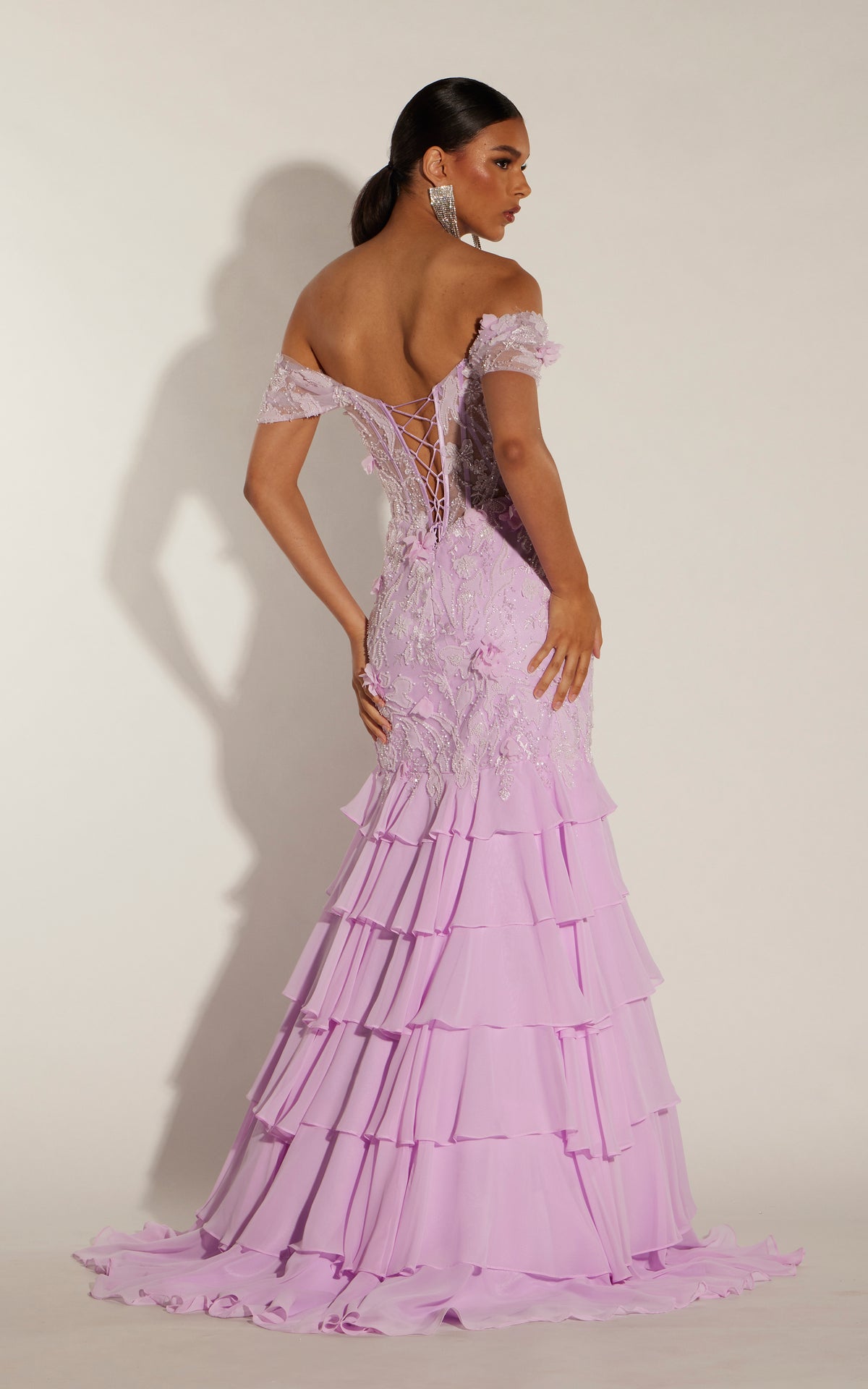 ALYCE Paris 62369 Alyce Long V-neckline Ruffles Fit N Flare Dress
