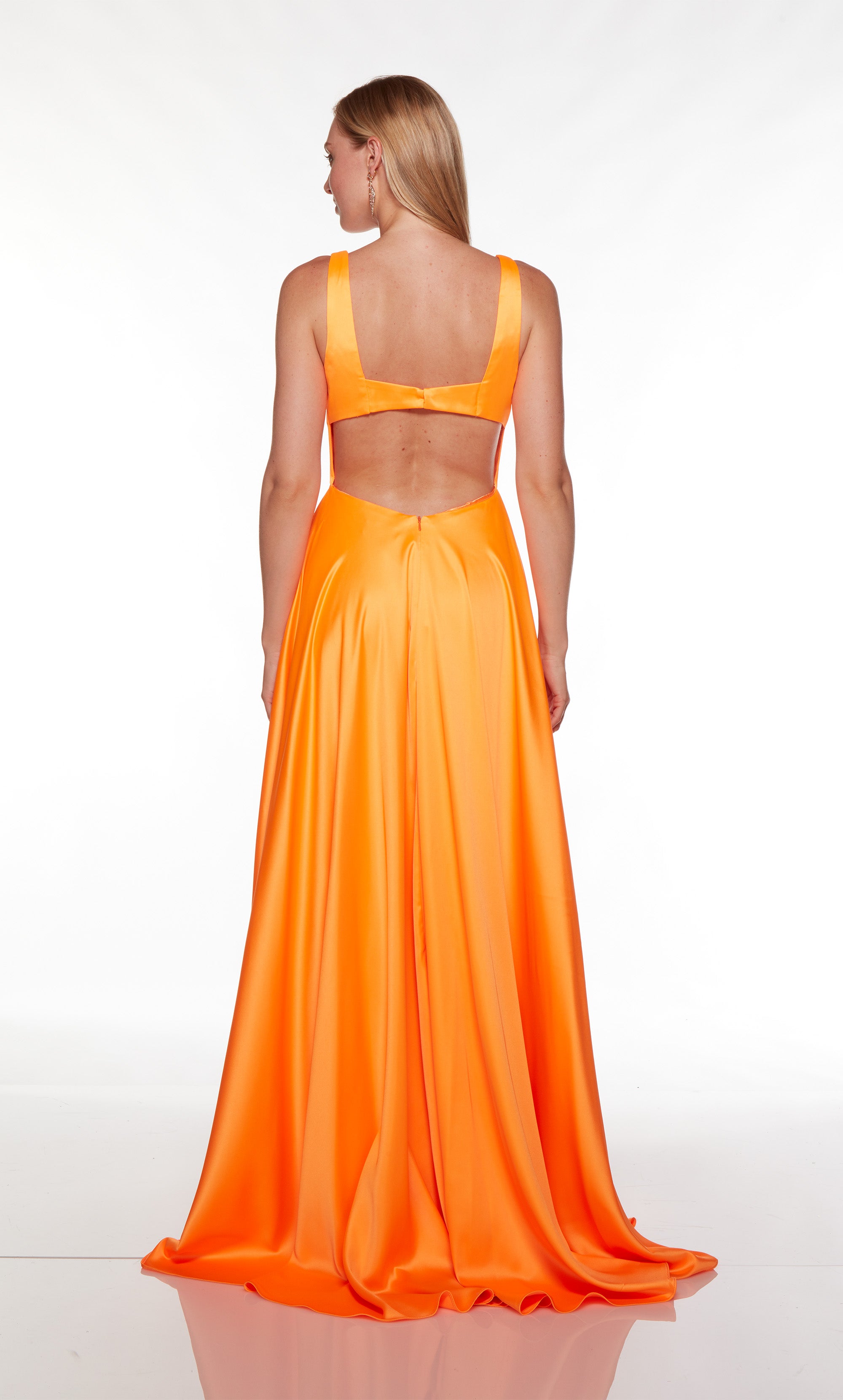 Orange formal dress with a plunging neckline and zipper side slit. COLOR-SWATCH_1756__NEON-ORANGE