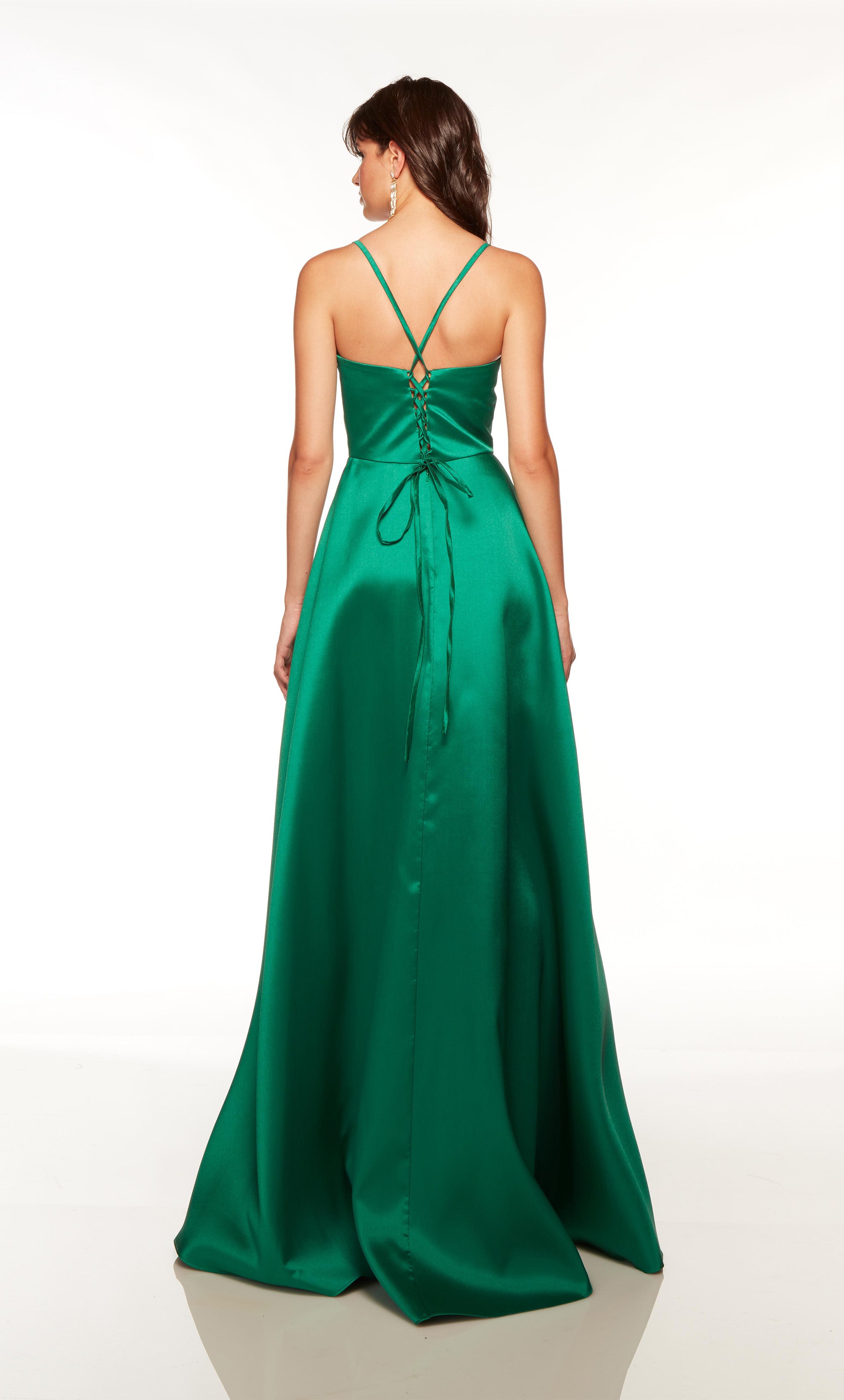 Green formal dress with a V neckline and side slit. COLOR-SWATCH_1760__PINE