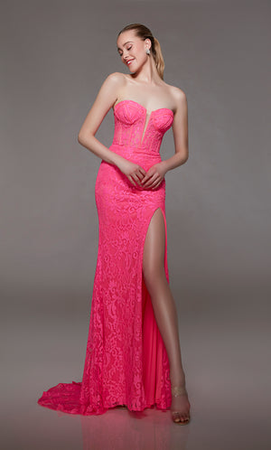 Hot pink lace strapless corset dress: High slit, lace-up back, and an graceful train for an bold and stylish statement.