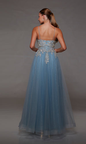 French blue glitter tulle formal dress: Plunging neckline, beaded lace bodice, zip-up back, and spaghetti straps for an elegant and enchanting look.