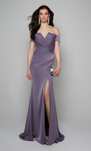 Purple off the shoulder formal dress with pleated bodice, ruching detail, and side slit. Color-SWATCH_27558__PURPLEHAZE