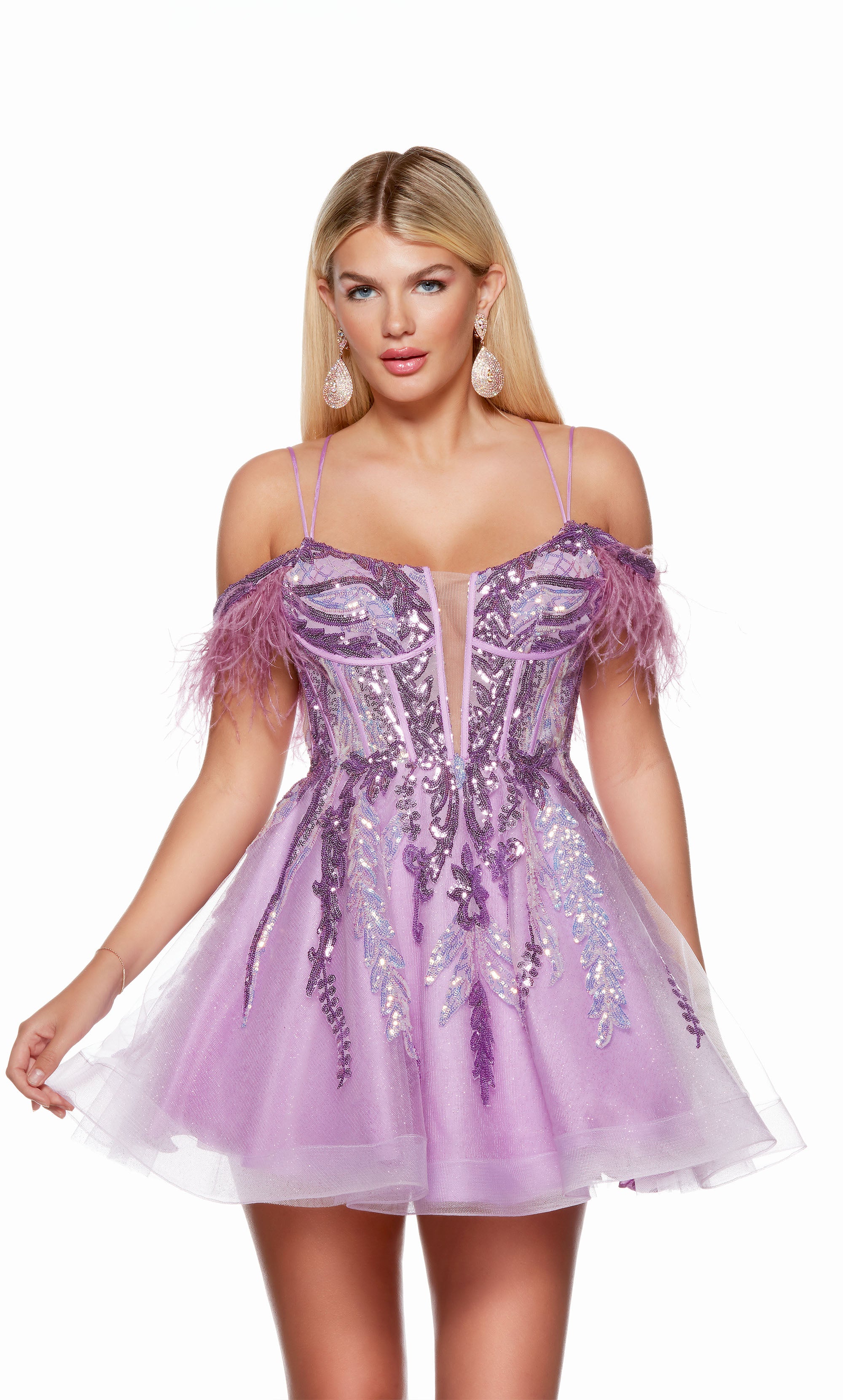 A fun and flouncy A-line dress with a plunging neckline, adorned with feather trim and multi-colored sequins for a touch of sparkle. The color is a vibrant lilac purple.