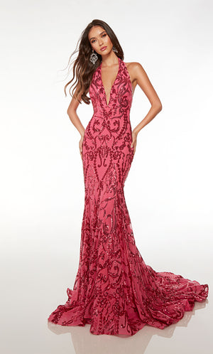 Dazzling mermaid dress in red paisley sequin fabric, featuring an plunging halter neck, open back, and an gracefully long train.