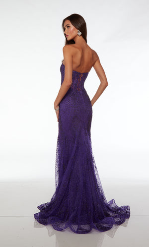 Purple corset mermaid dress: strapless, lace-up back, train, beaded-glitter tulle fabric—stylish and glamorous.