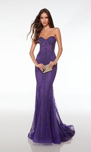 Purple corset mermaid dress: strapless, lace-up back, train, beaded-glitter tulle fabric—stylish and glamorous.