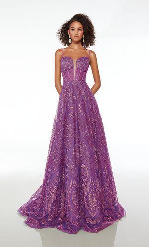 Purple prom dress: plunging neckline, corset top, spaghetti straps, A-line skirt, lace-up back, train, glitter embellishments—unique and captivating.