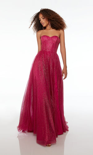 Raspberry pink A-line formal dress in glitter tulle: sweetheart neckline, corset top, side slit, lace-up back, and train for an stylish and elegant look.