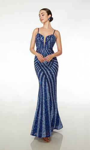 Chic fit-and-flare prom dress in French blue and royal blue sequins: plunging neckline, spaghetti straps, zip-up back—an elegant ensemble.