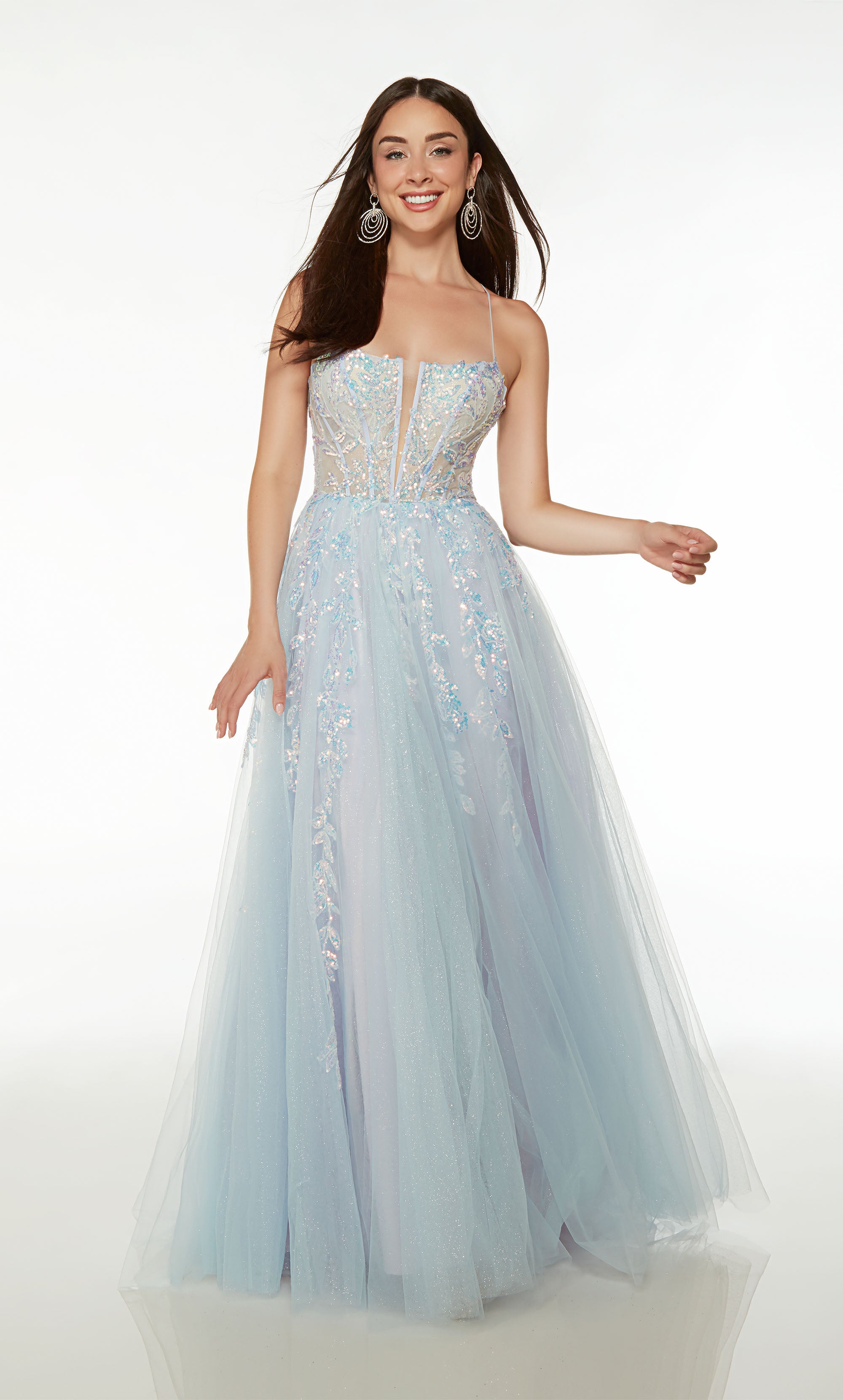 Magical light blue-purple ball gown: sheer corset bodice, spaghetti straps, lace-up back, train, sequined floral lace appliques—pure enchantment.