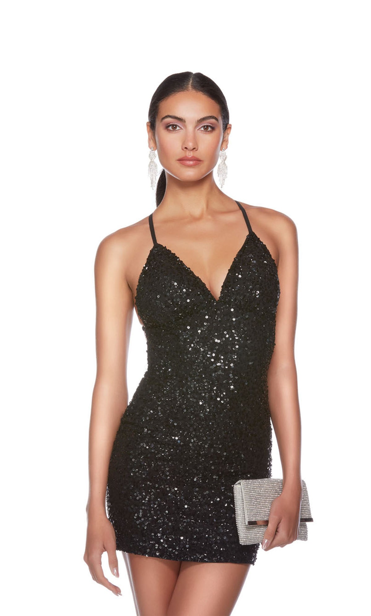 Cute black sequin mini dress with adjustable crisscross back straps - perfect for homecoming or any other semi-formal event!