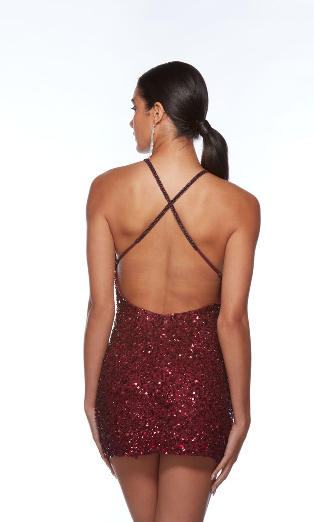 Short red sequin dress with an V neckline, adjustable crisscross back straps, perfect for homecoming or any semi-formal event!