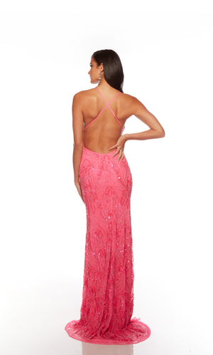 Elegant pink formal gown: Hand-beaded, V neckline, spaghetti straps, strappy back, and intricate paisley-patterned design for an chic and sophisticated look.