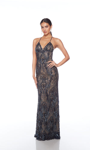 Elegant midnight-nude formal gown: Hand-beaded, V neckline, spaghetti straps, strappy back, and intricate paisley-patterned design for an chic and sophisticated look.