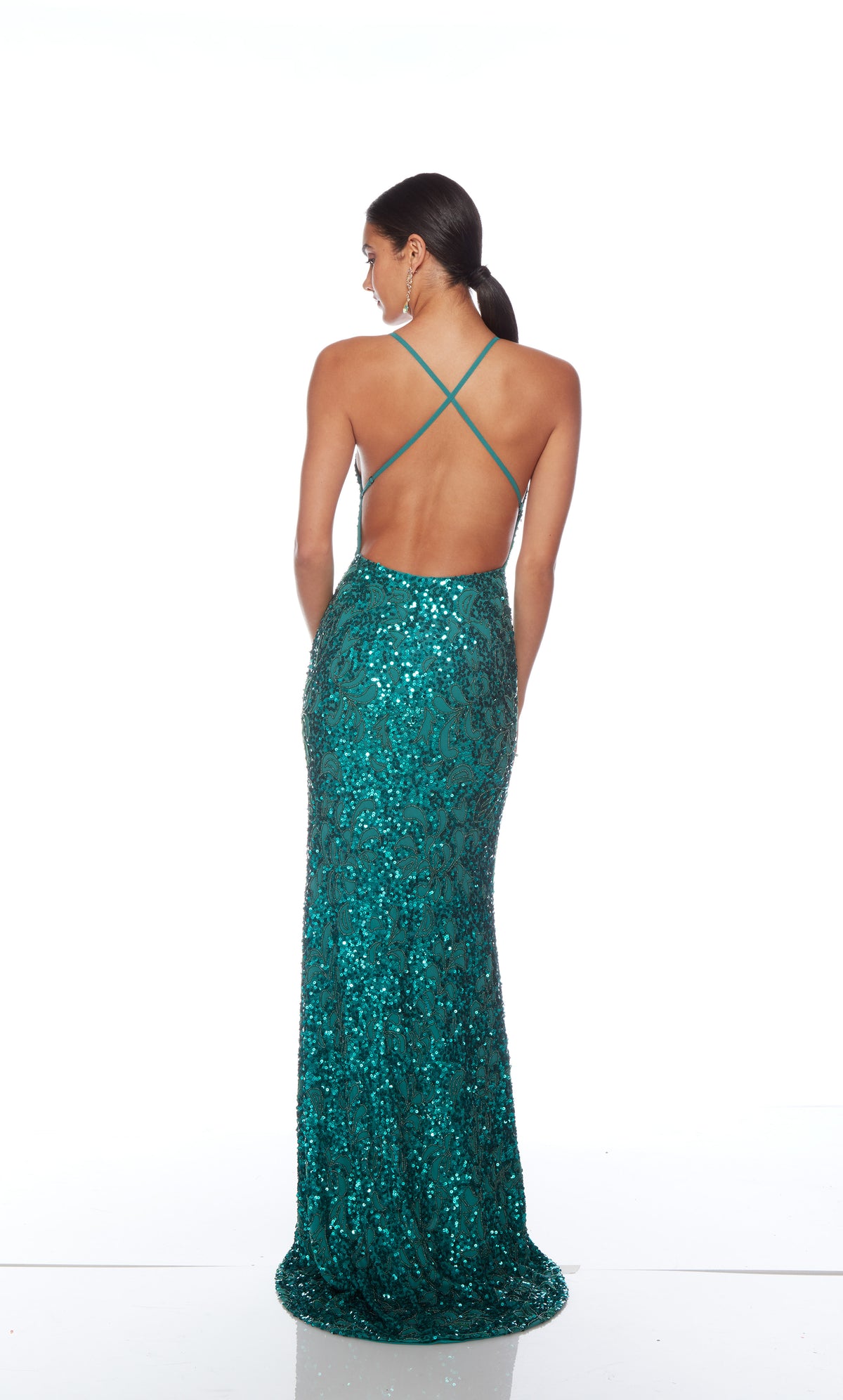 Elegant jade formal gown: Hand-beaded, V neckline, spaghetti straps, strappy back, and intricate design plus fringe accents for an chic and sophisticated look.