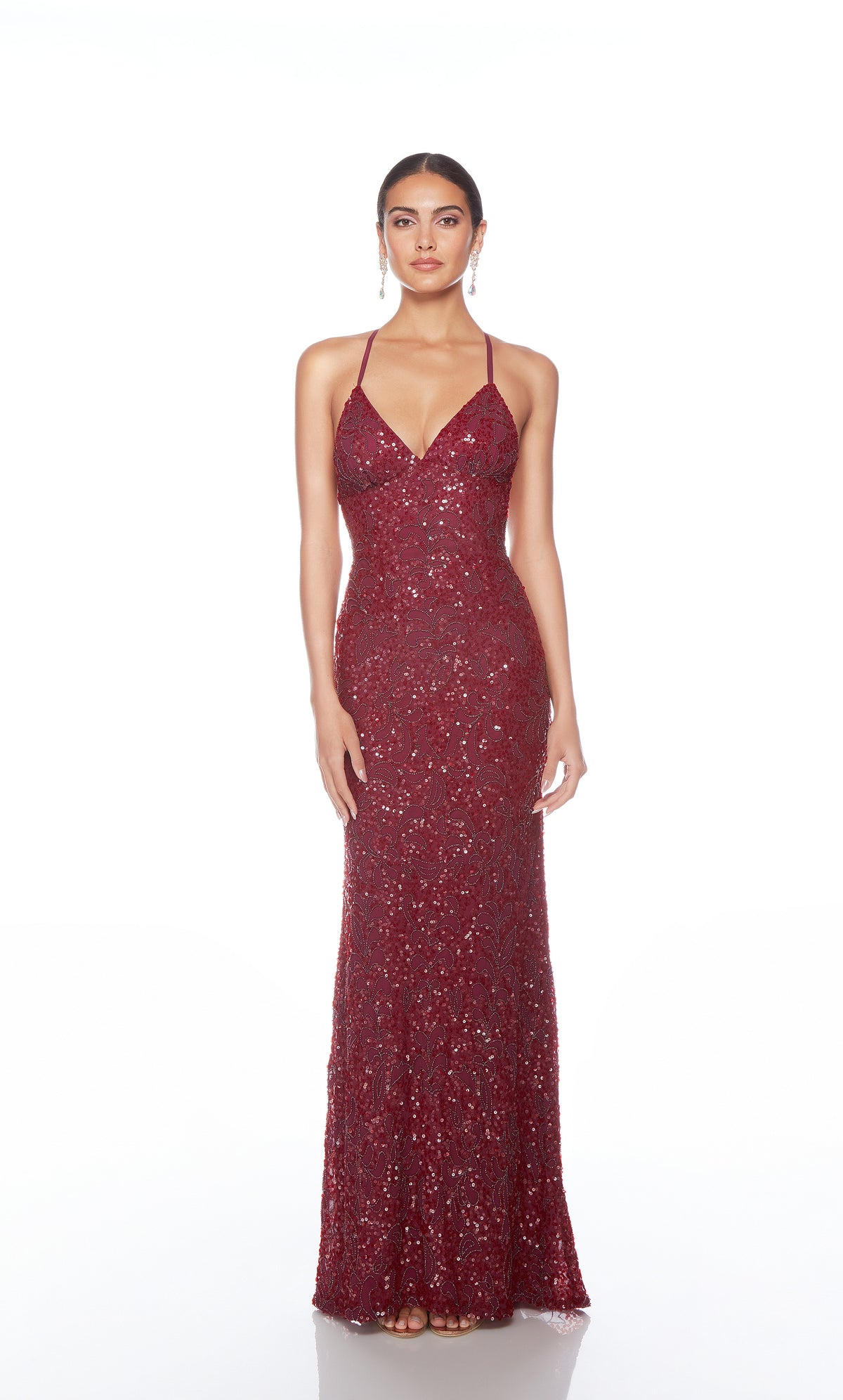 Elegant red formal gown: Hand-beaded, V neckline, spaghetti straps, strappy back, and intricate design plus fringe accents for an chic and sophisticated look.